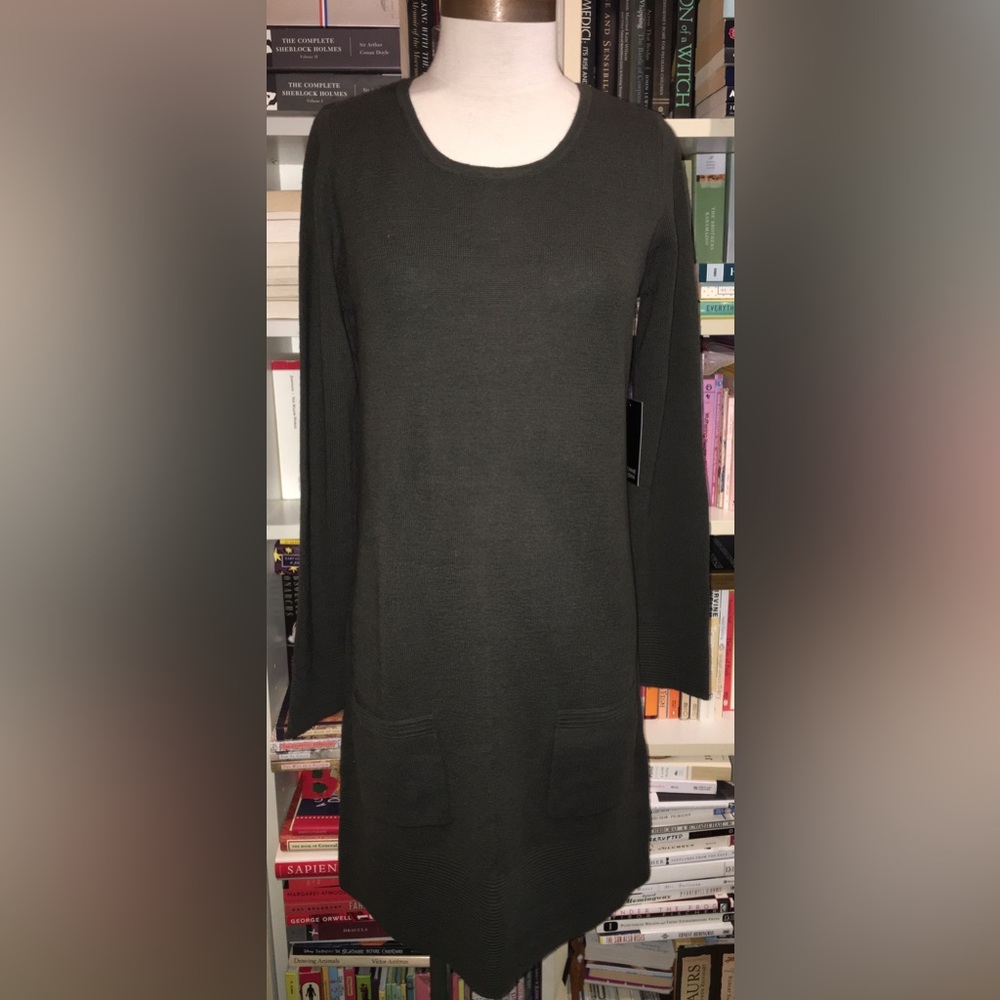 Adrienne Vittadini Dark Green Long Sleeve Knit Sweater Dress